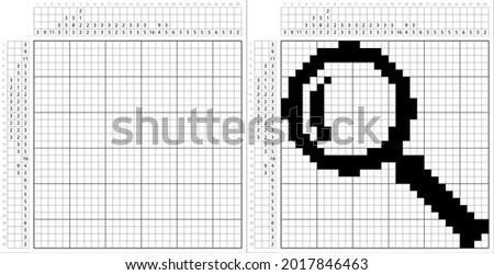 Magnifier Glass Nonogram Pixel Art, Logic Puzzle Game Griddlers, Pic-A-Pix, Picture Paint By Numbers, Picross, Magnifying Glass, Magnify Lens, Hand Convex Lens Vector Art Illustration