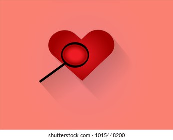 Magnifier glass over the heart with nice red background. A concept of finding soul mate. Suitable for application icon.