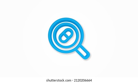 magnifier glass with a pill 3d line flat color icon. Realistic vector illustration. Pictogram isolated. Top view. Colorful transparent shadow design.