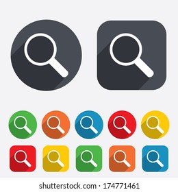 Magnifier glass sign icon. Zoom tool button. Navigation search symbol. Circles and rounded squares 12 buttons. Vector