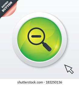 Magnifier glass sign icon. Zoom tool button. Navigation search symbol. Green shiny button. Modern UI website button with mouse cursor pointer. Vector