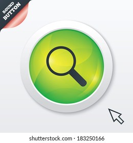 Magnifier glass sign icon. Zoom tool button. Navigation search symbol. Green shiny button. Modern UI website button with mouse cursor pointer. Vector