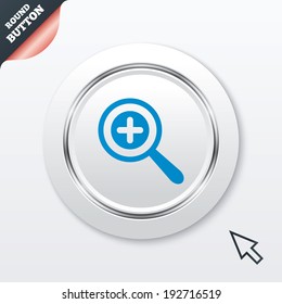 Magnifier glass sign icon. Zoom tool button. Navigation search symbol. White button with metallic line. Modern UI website button with mouse cursor pointer. Vector