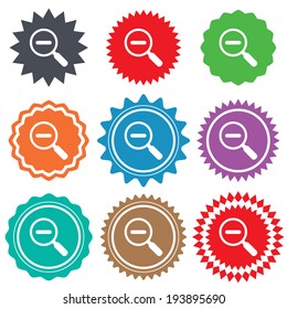 Magnifier glass sign icon. Zoom tool button. Navigation search symbol. Stars stickers. Certificate emblem labels. Vector