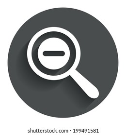 Magnifier glass sign icon. Zoom tool button. Navigation search symbol. Circle flat button with shadow. Modern UI website navigation. Vector