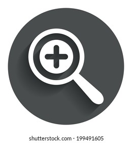 Magnifier glass sign icon. Zoom tool button. Navigation search symbol. Circle flat button with shadow. Modern UI website navigation. Vector