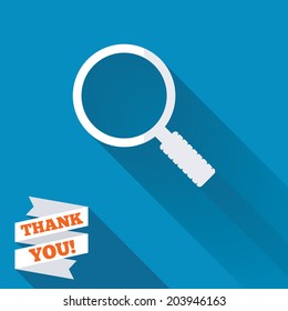 Magnifier glass sign icon. Zoom tool button. Navigation search symbol. White flat icon with long shadow. Paper ribbon label with Thank you text. Vector
