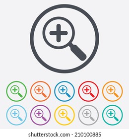 Magnifier glass sign icon. Zoom tool button. Navigation search symbol. Round circle buttons with frame. Vector