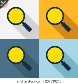 Magnifier glass sign icon. Zoom tool button. Navigation search symbol. Four squares. Colored Flat design buttons. Vector