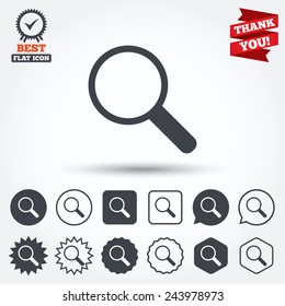 Magnifier glass sign icon. Zoom tool button. Navigation search symbol. Circle, star, speech bubble and square buttons. Award medal with check mark. Thank you. Vector