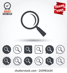 Magnifier glass sign icon. Zoom tool button. Navigation search symbol. Circle, star, speech bubble and square buttons. Award medal with check mark. Thank you. Vector