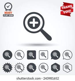 Magnifier glass sign icon. Zoom tool button. Navigation search symbol. Circle, star, speech bubble and square buttons. Award medal with check mark. Thank you. Vector