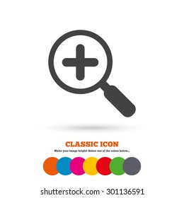 Magnifier glass sign icon. Zoom tool button. Navigation search symbol. Classic flat icon. Colored circles. Vector