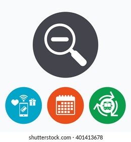 Magnifier glass sign icon. Zoom tool button. Navigation search symbol. Mobile payments, calendar and wifi icons. Bus shuttle.