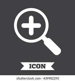 Magnifier glass sign icon. Zoom tool button. Navigation search symbol. Graphic design element. Flat magnifier glass symbol on dark background. Vector
