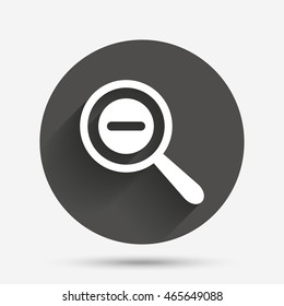 Magnifier glass sign icon. Zoom tool button. Navigation search symbol. Circle flat button with shadow. Vector