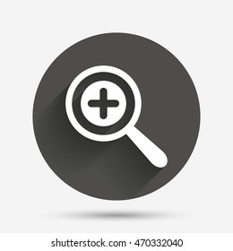 Magnifier glass sign icon. Zoom tool button. Navigation search symbol. Circle flat button with shadow. Vector