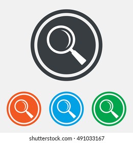 Magnifier glass sign icon. Zoom tool button. Navigation search symbol. Graphic design web element. Flat magnifier symbol on the round button. Vector