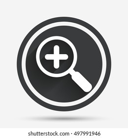 Magnifier glass sign icon. Zoom tool button. Navigation search symbol. Circle flat button with shadow and border. Vector