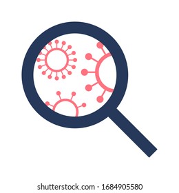 Magnifier glass with viruses, coronaviruses, COVID 19 icon. Coronavirus lab test and research concept. COVID 19, corona virus search detection. Vector illustration