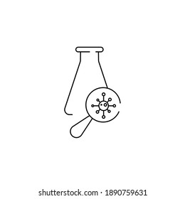 Magnifier glass with viruses, coronaviruses, COVID 19 icon. Coronavirus lab test and research concept. COVID 19, corona virus search detection. Vector line