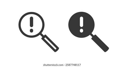 Magnifier glass warning caution alert scam data found icon line stroke outline art simple graphic ui set, security hazard virus pictogram sign symbol solid logo, failure analysis search clip art
