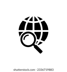 magnifier and globe icon in black on a white background, search for a place on a map or on the globe