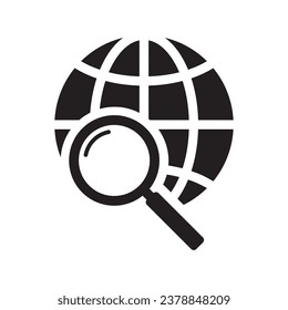 Magnifier and globe icon, search for a place on a map or on the globe icon. The icon of the magnifying glass and planet Earth