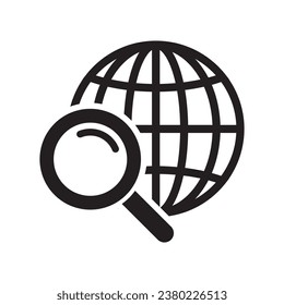 Magnifier and globe icon, search for a place on a map or on the globe icon. The icon of the magnifying glass and planet Earth.