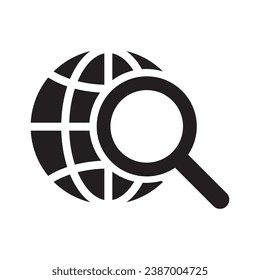 Magnifier and globe icon, search for a place on a map or on the globe icon. The icon of the magnifying glass and planet Earth.