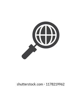 Magnifier with globe vector icon. filled flat sign for mobile concept and web design. Globe search simple solid icon. Symbol, logo illustration. Pixel perfect vector graphics