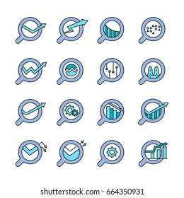 magnifier with graph and chart icons