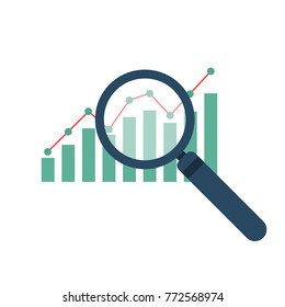Magnifier and graph icon in flat design. Vector illustration. Analytics concept
