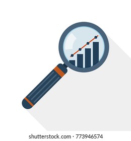 Magnifier and graph icon in flat design. Vector illustration. Concept of analysis or audit