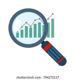 Magnifier and graph icon in flat design. Vector illustration. Analytics concept