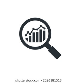 Magnifier and graph icon. Graphs, charts, growth and market analysis. Vector illustration