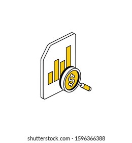 Magnifier Graphics Analytics dollar. Vector line, 3d stroke isometric, color web icon, new flat style. Creative illustration design, abstract idea for infographics.