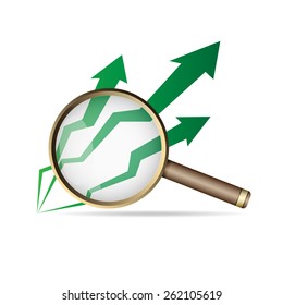 Magnifier and green arrows. Business grow