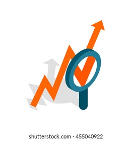 Magnifier and growth chart icon in isometric 3d style isolated on white background. Statistics symbol