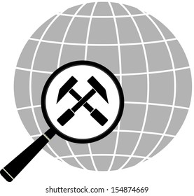 magnifier with hammer and planet - construction symbol 