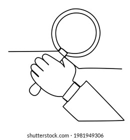 Magnifier in Hand Continuous Line Drawing Search icon Hand holding a Magnifying glass freehand drawing black on white isolated vector illustration