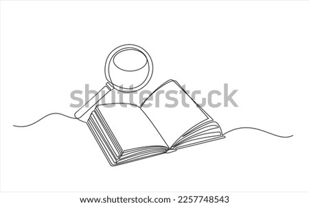 Magnifier hand drawn by one continuous line art drawing vector illustration minimalist design isolated on white background. A magnifying glass above an open book. Zoom in and discovery concept.