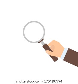 Magnifier in hand on white background, flat illustration. Vector isolated