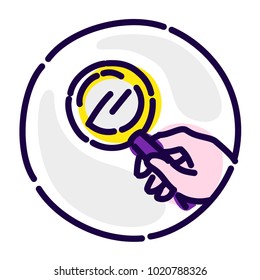 Magnifier in the hand. Vector flat icon. Image is isolated on white background. Corporate identity. Icon for website and print. Search in the hands of man.