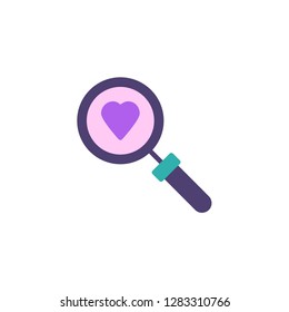 Magnifier with heart flat icon, vector sign, colorful pictogram isolated on white. Love search symbol, logo illustration. Flat style design