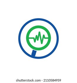 Magnifier and heartbeat logo template. Pulse trace and loupe vector design. Find Health logo designs concept