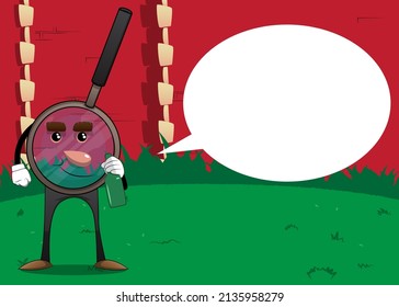Magnifier holding a bottle. Cartoon Character science research object, analysis, business, examination, optics concept.