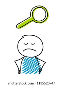 Magnifier icon with angry stickman. Vector.