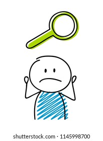 Magnifier icon with confused stickman. Vector.