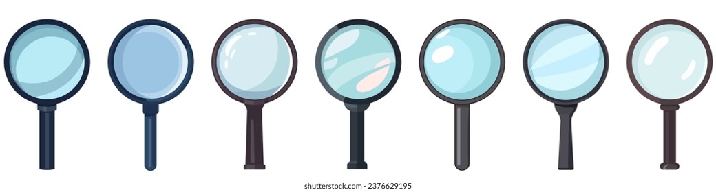 Magnifier icon in flat style. Set of various magnifying glasses. Search icon. Vector illustration